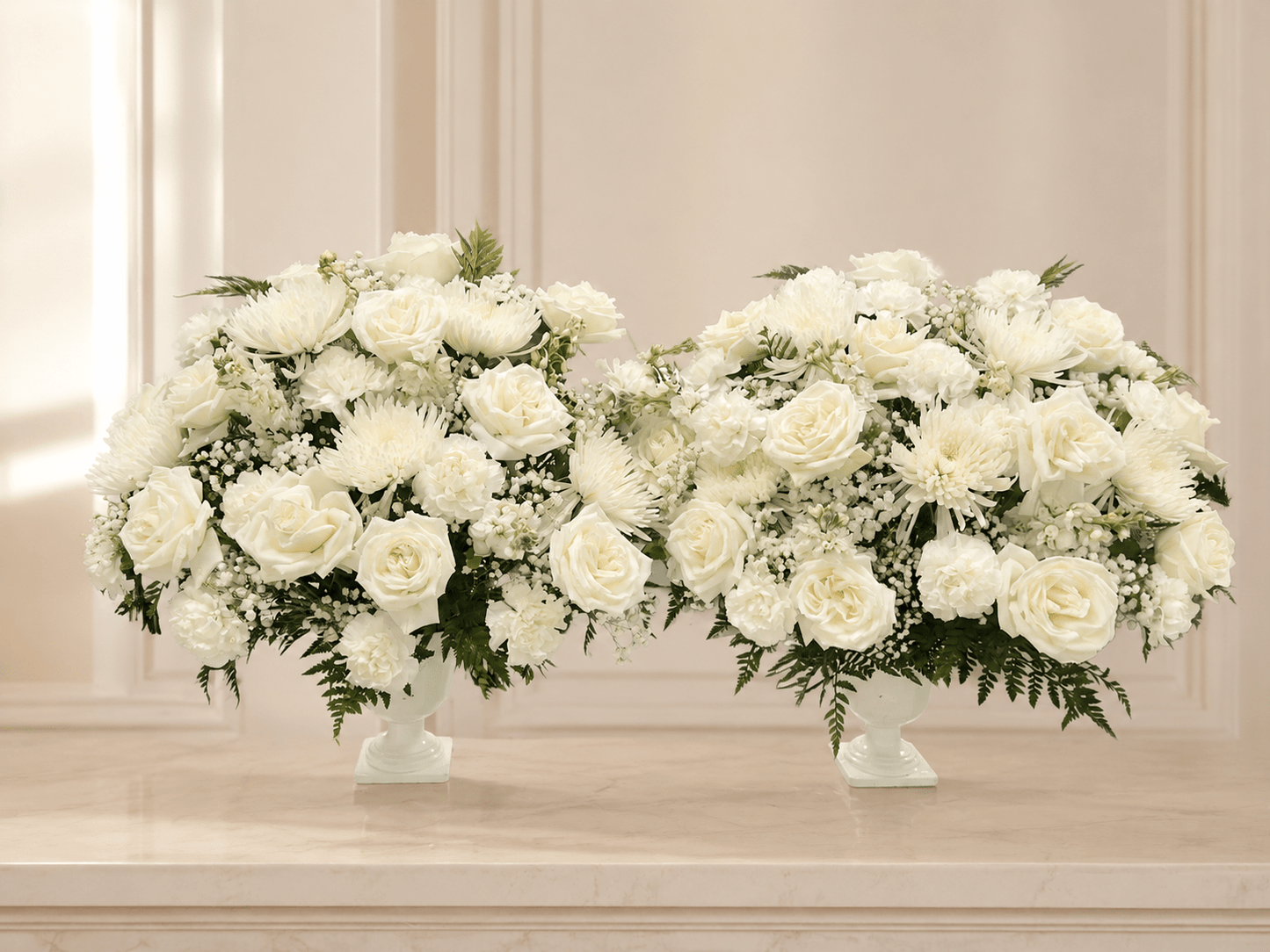 Coordinated white sympathy flower vase pair