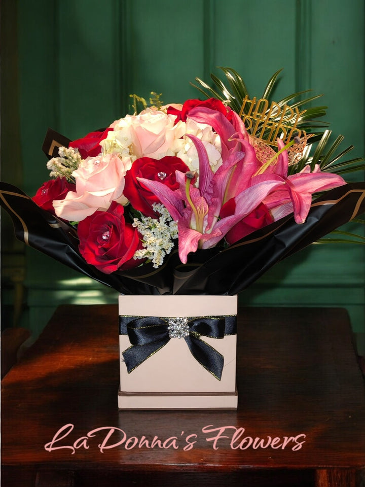 Birthday Rose & Lily Bloom Box by LaDonna Flowers