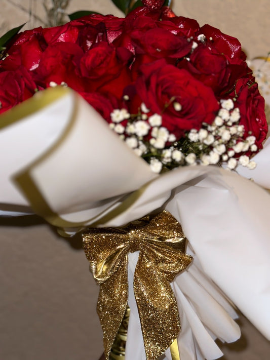 Classic Red Rose Bouquet in White & Gold by LaDonna Flowers