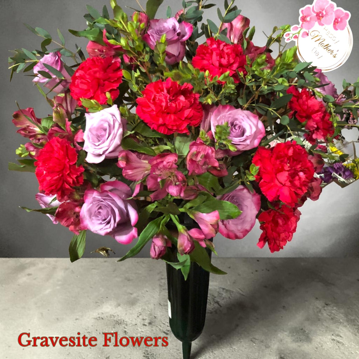 Lavender & Red Graveside Flowers by LaDonna Flowers