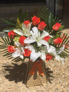 Orange Rose & White Lily Standing Bouquet by LaDonna Flowers