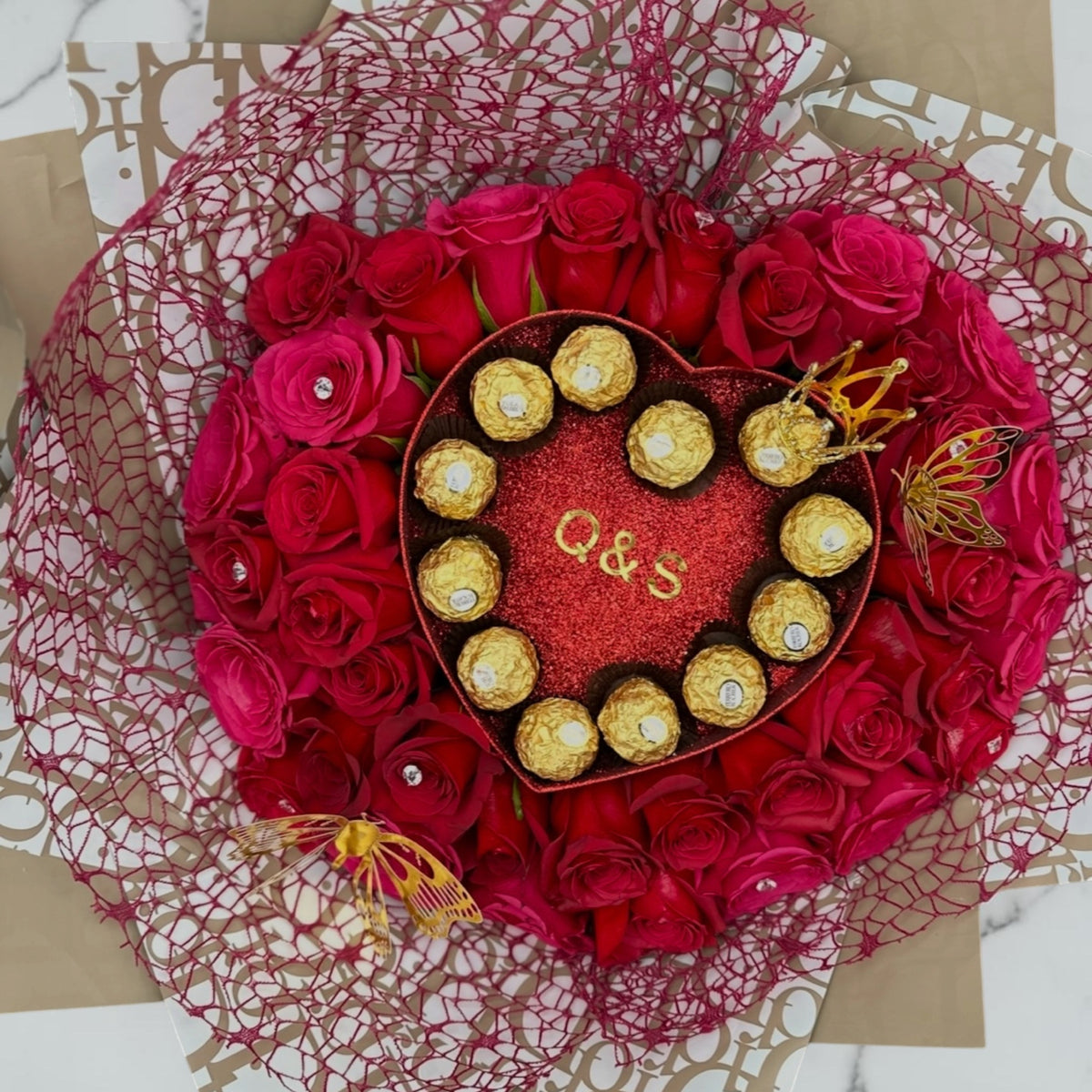 Personalized Rose & Chocolate Heart Bouquet by LaDonna Flowers