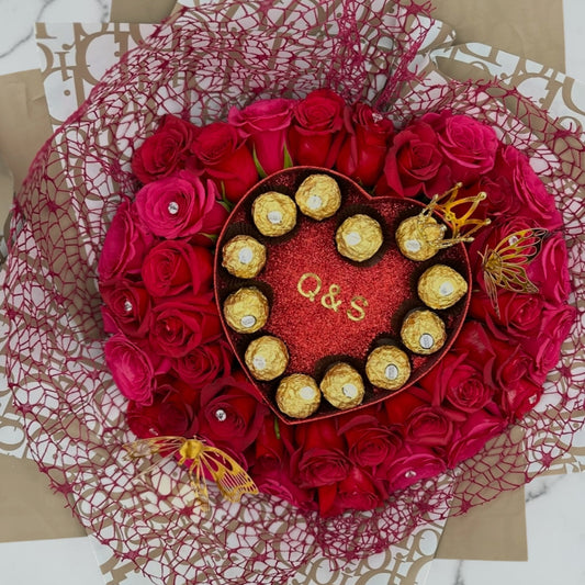 Personalized Rose & Chocolate Heart Bouquet by LaDonna Flowers