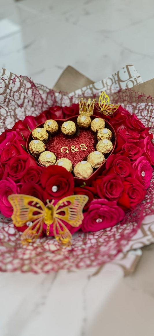 Personalized Rose & Chocolate Heart Bouquet by LaDonna Flowers