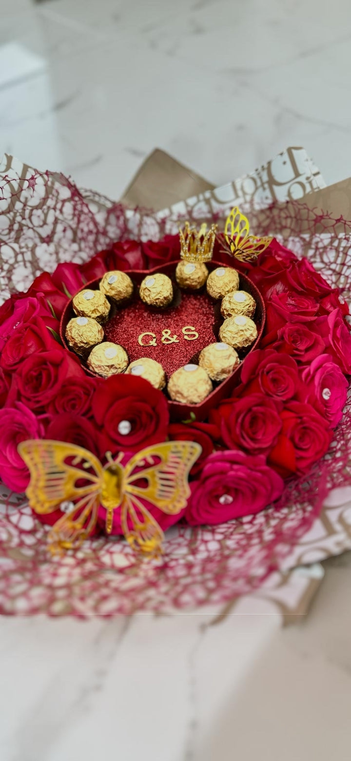 Personalized Rose & Chocolate Heart Bouquet by LaDonna Flowers