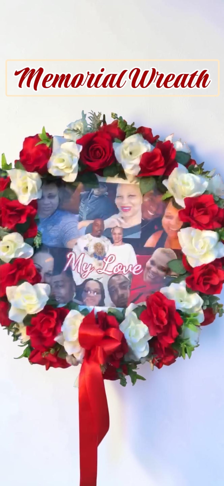 Red & White Rose Photo Memorial Wreath by LaDonna Flowers