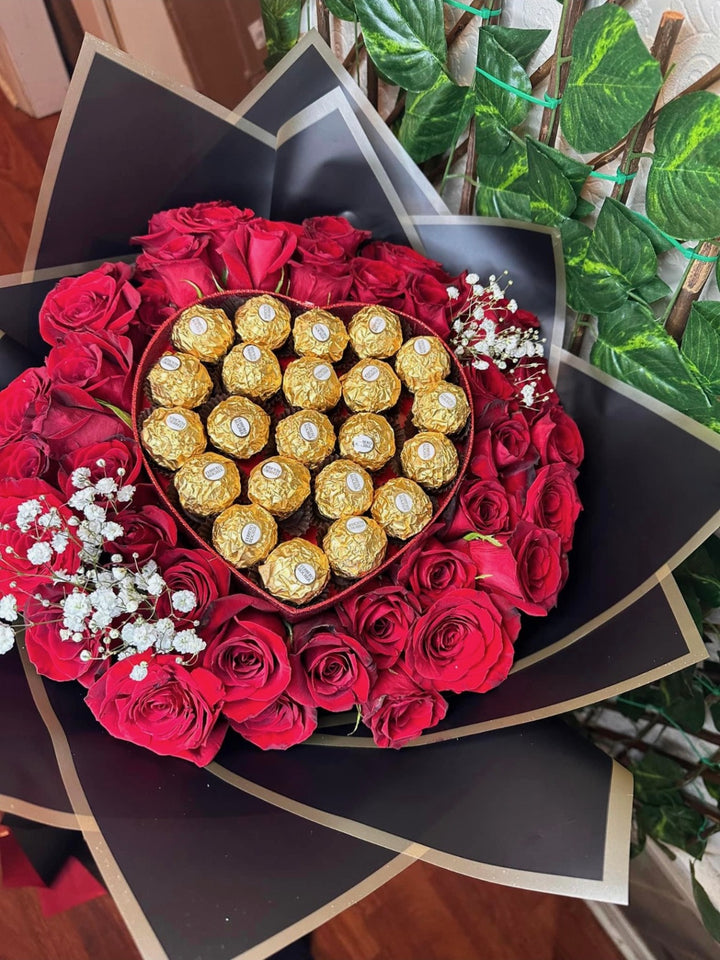 Red Rose & Chocolate Heart Bouquet by LaDonna Flowers