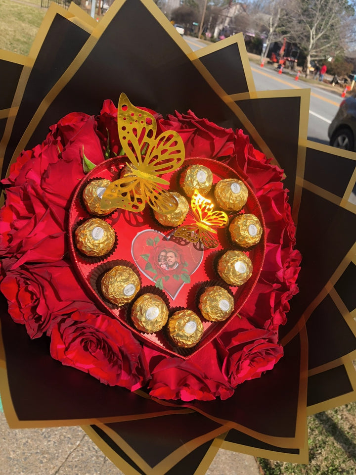 Red Rose Photo & Chocolate Heart Bouquet by LaDonna Flowers