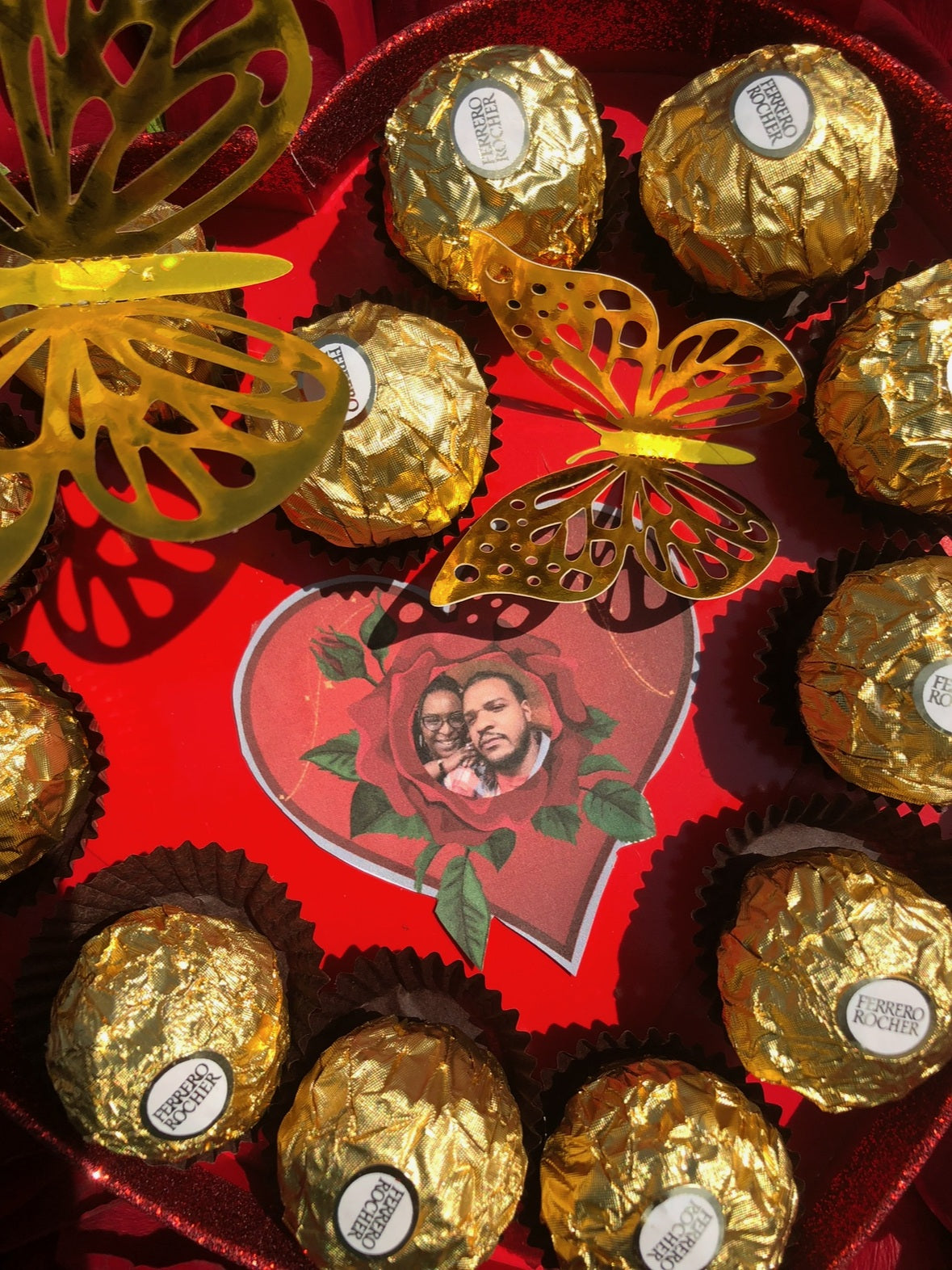 Red Rose Photo & Chocolate Heart Bouquet by LaDonna Flowers